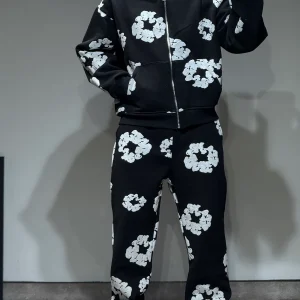 Ensemble Veste et Pantalon Jogging à Fleurs Noir et Blanc
