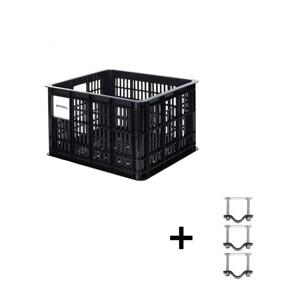 Pack Caisse Plastique Recyclé BASIL "Milk Crate" sur porte-bagage avant ou arrière taille M 29,5L avec Kit de fixation BASIL